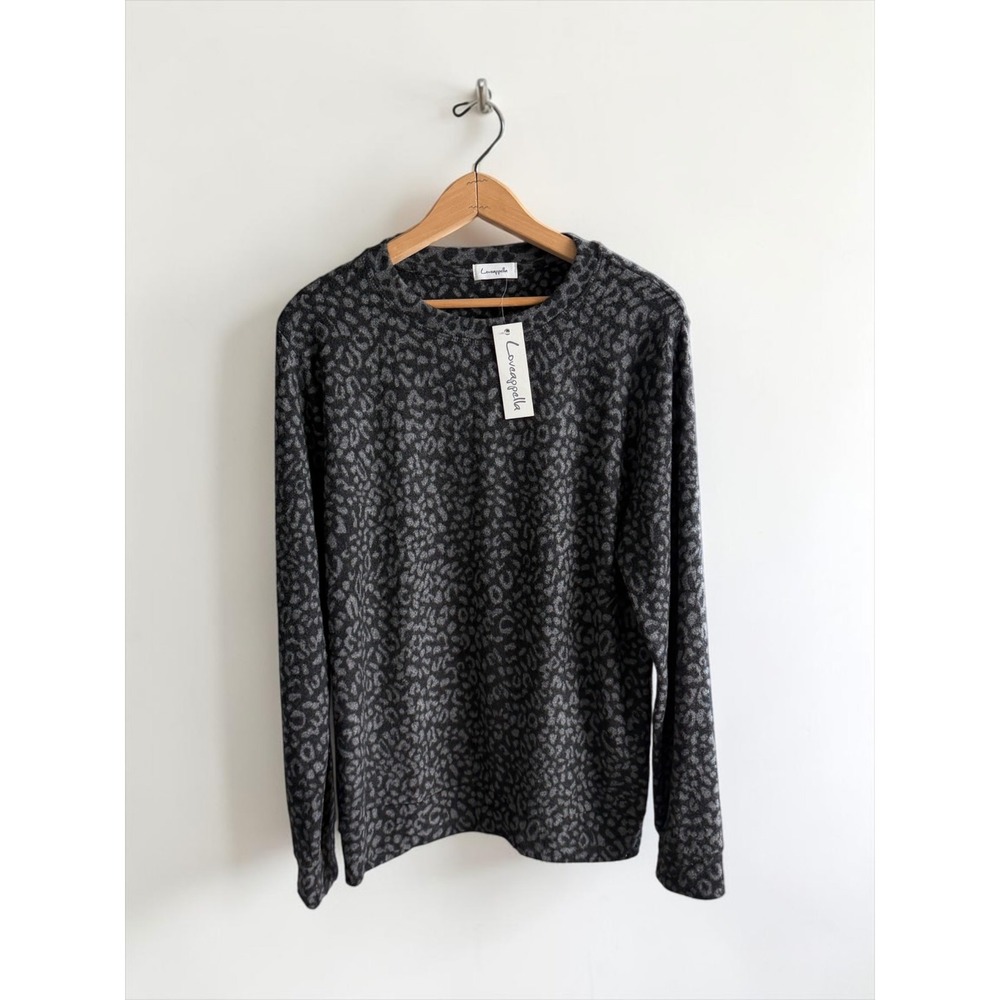 Loveappella Womens Leopard Print Long Sleeve Crew Neck Top Gray Black NWT